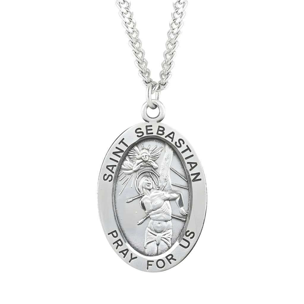 HMH St. Sebastian sterling silver medal necklace by HMH Religious. .925 silver medal, 24" chain.