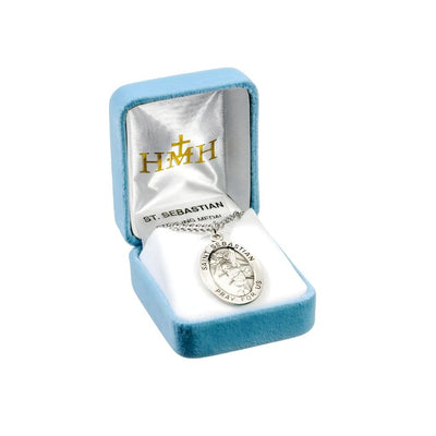 St. Sebastian sterling silver medal necklace . .925 silver medal, 24" chain and gift box, HMH Religious