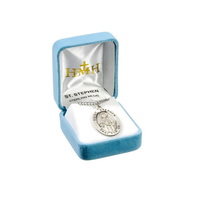 St. Stephen the Martyr sterling silver medal necklace . .925 silver medal, 24" chain and gift box, HMH Religious