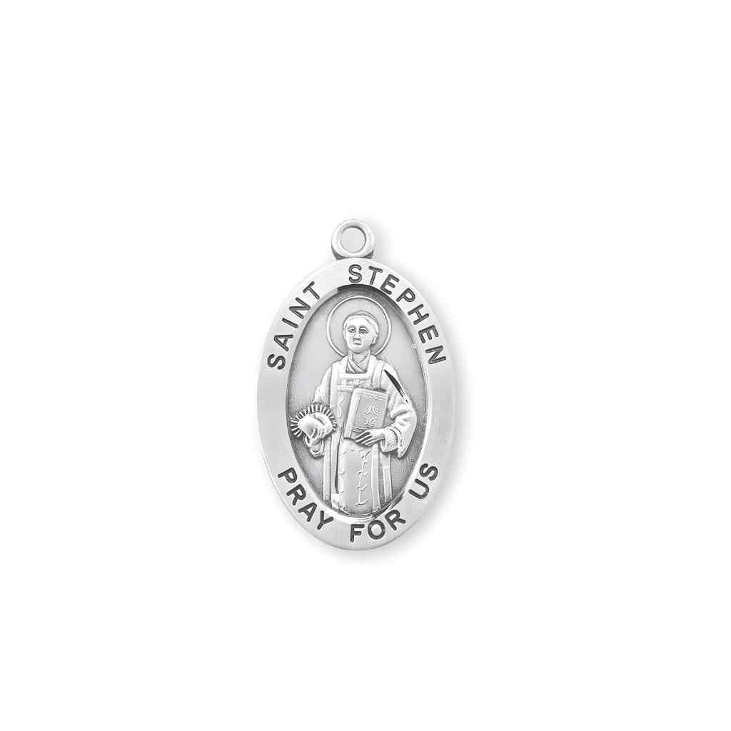 The front of the St. Stephen the Martyr Large Oval Sterling Silver Medal from HMH Religious