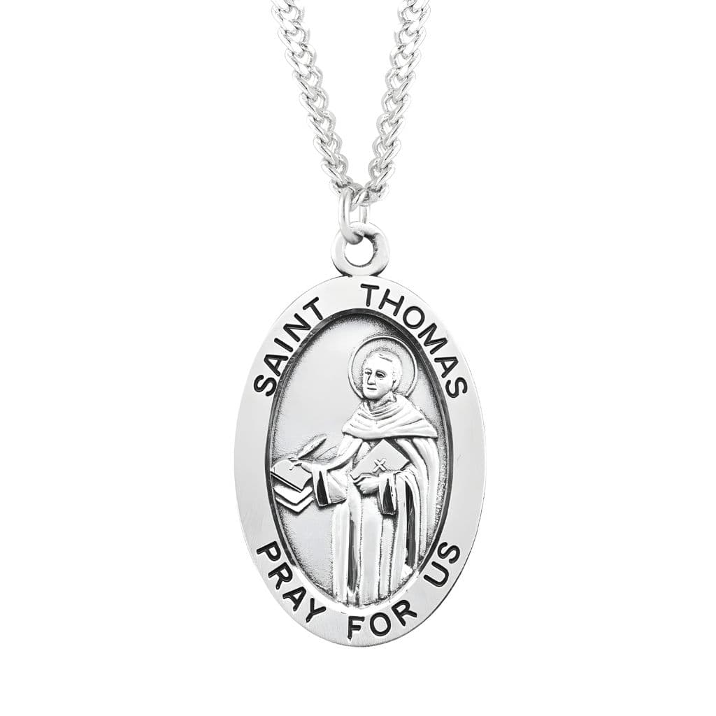 HMH Religious Large St. Thomas Aquinas with this Oval Sterling Silver Medal Necklace with 24" Stainless Steel  Chain, Measures  1.3" x 0.8"