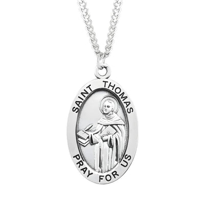 Large St. Thomas Aquinas with this Oval Sterling Silver Medal Necklace with 24" Stainless Steel Chain, Measures 1.3" x 0.8", HMH Religious