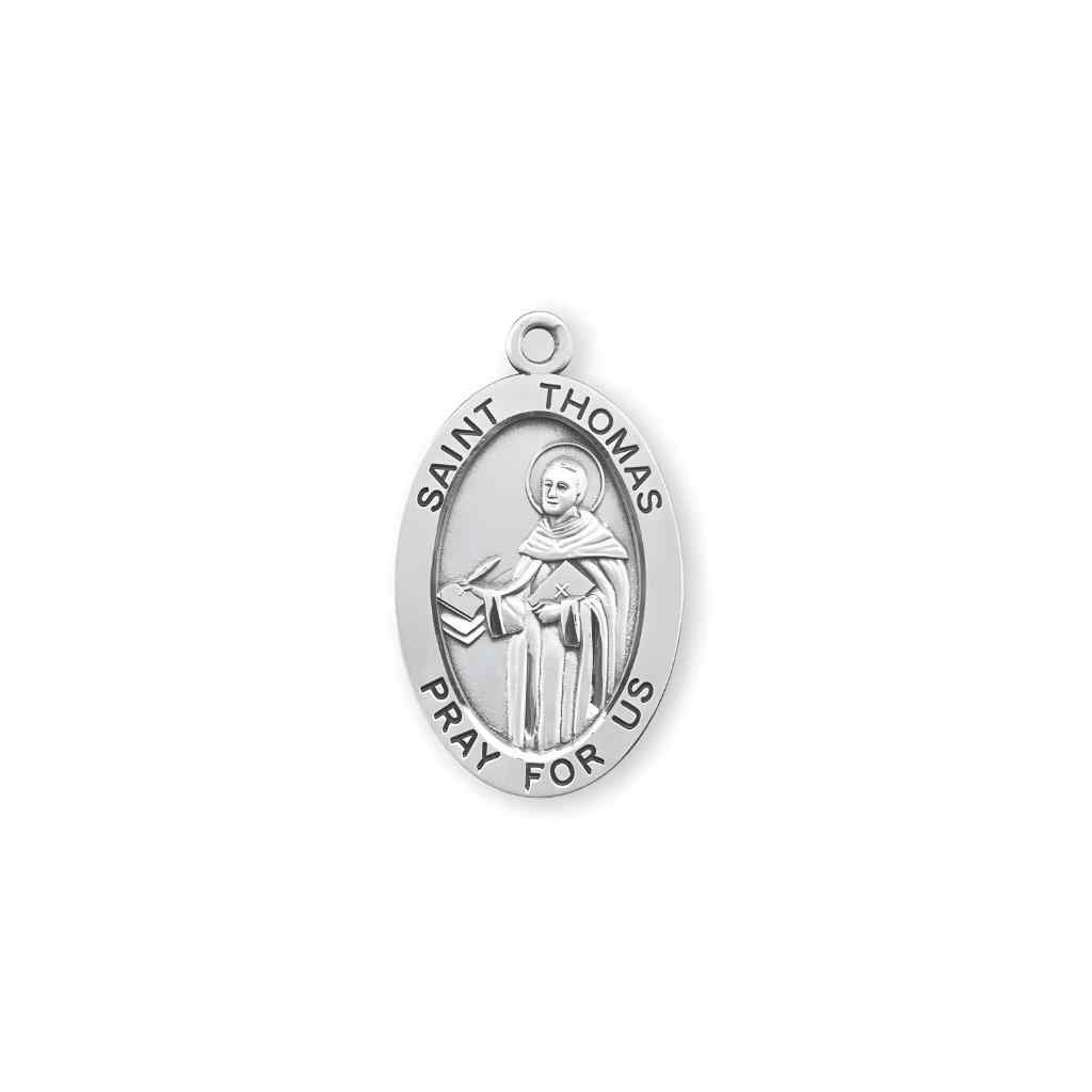 The front of the St. Thomas Aquinas large Oval Sterling Silver Medal from HMH Religious