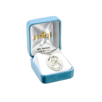 St. Rose of Lima sterling silver medal necklace . .925 silver medal, 24" chain and gift box, HMH Religious