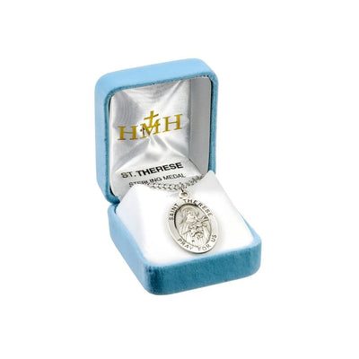 St. Therese of Lisieux sterling silver medal necklace . .925 silver medal, 24" chain and gift box, HMH Religious
