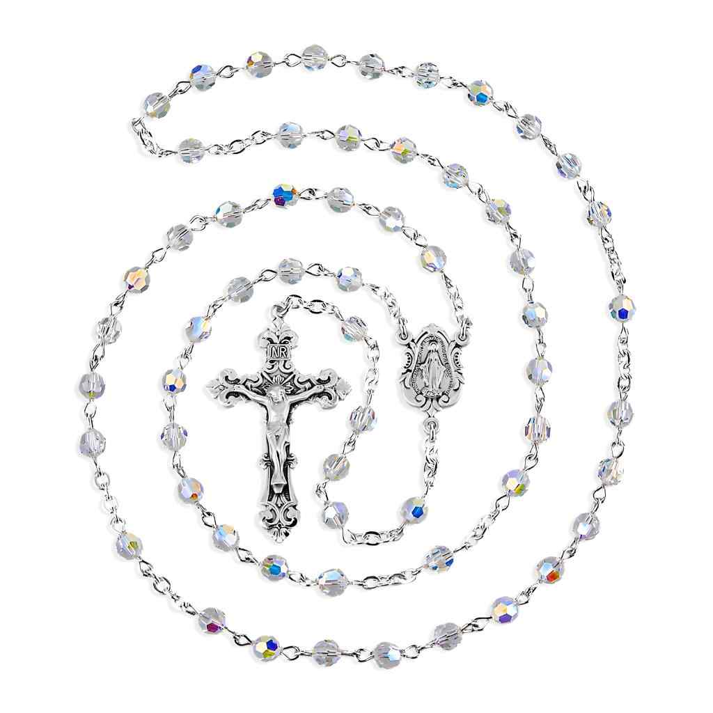 Miraculous Sterling Silver Rosary with 5mm aurora borealis crystals by Swarovski® Austrian Crystal faceted round beads (view 1)