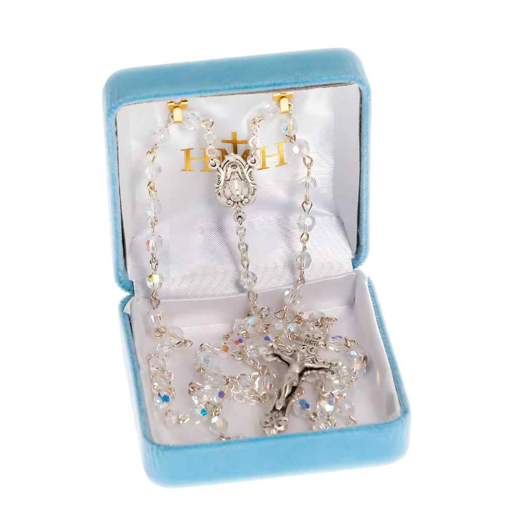 Miraculous Sterling Silver Rosary with 5mm aurora borealis crystals by Swarovski® Austrian Crystal faceted round beads and comes in gift box (view 2)