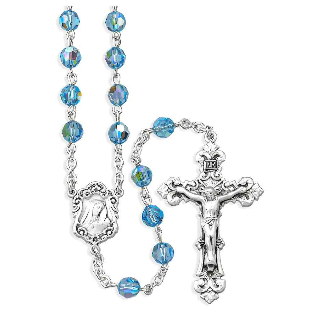 Madonna Sterling Silver Rosary with Aqua (AB) 6mm Finest Austrian Swarovski® Crystal Faceted Round Beads. Crafted in the USA (view 1)