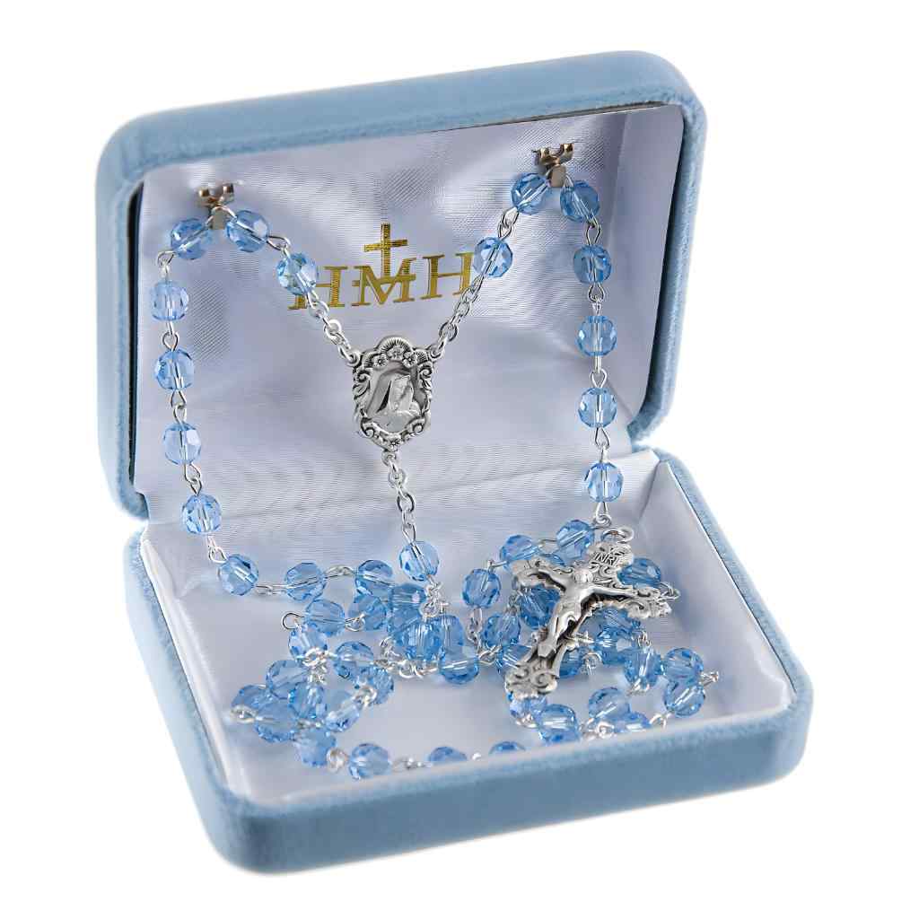 Madonna Sterling Silver Rosary with Aqua (AB) 6mm Finest Austrian Swarovski® Crystal Faceted Round Beads in gift box . Crafted in the USA (view 3)