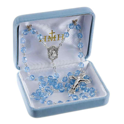 Madonna Sterling Silver Rosary with Aqua (AB) 6mm Finest Austrian Swarovski® Crystal Faceted Round Beads in gift box . Crafted in the USA (view 3)