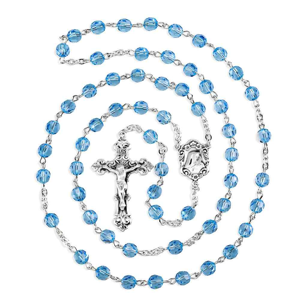 Madonna Sterling Silver Rosary with Aqua (AB) 6mm Finest Austrian Swarovski® Crystal Faceted Round Beads. Crafted in the USA (view 2)