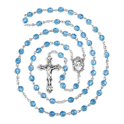 Madonna Sterling Silver Rosary with Aqua (AB) 6mm Finest Austrian Swarovski® Crystal Faceted Round Beads. Crafted in the USA (view 2)