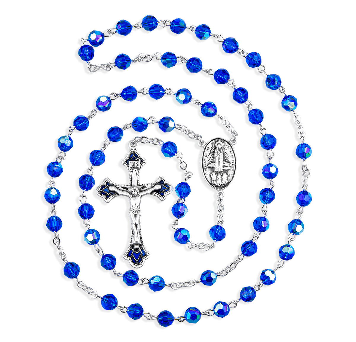 HMH Our Lady of Fatima 6mm Bermuda Blue Crystal Sterling Silver Rosary