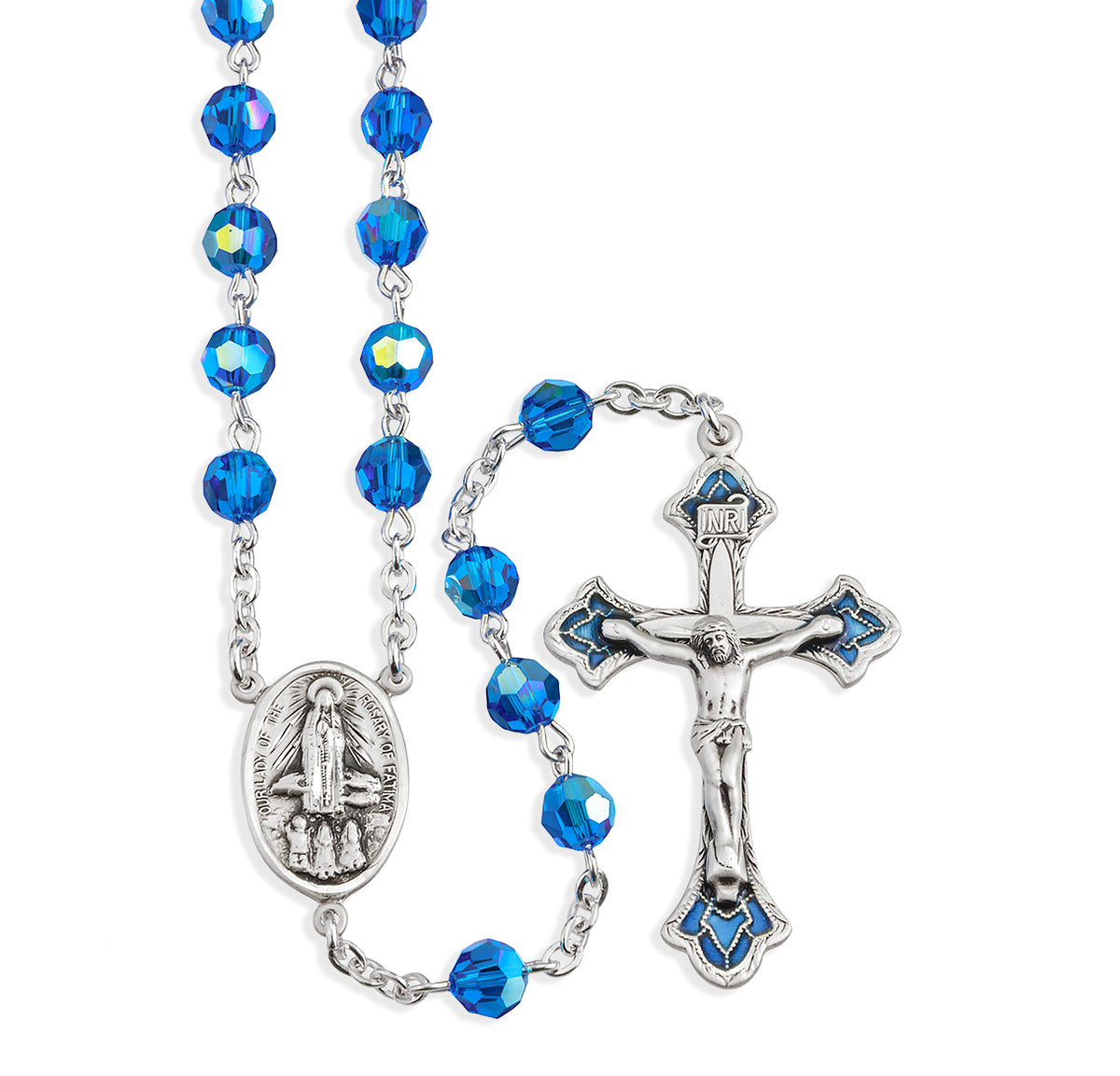 Our Lady of Fatima 6mm Bermuda Blue Crystal Sterling Silver Rosary