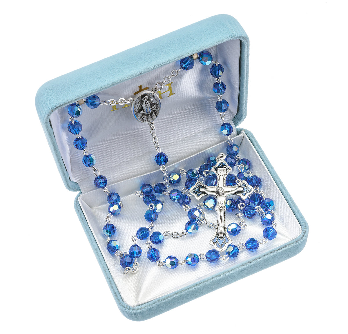 Our Lady of Fatima 6mm Bermuda Blue Crystal Sterling Silver Rosary in Box