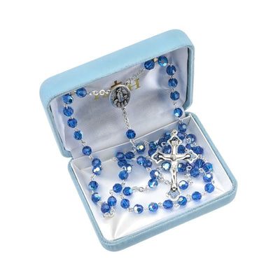 Our Lady of Fatima 6mm Bermuda Blue Crystal Sterling Silver Rosary in Box, HMH Religious
