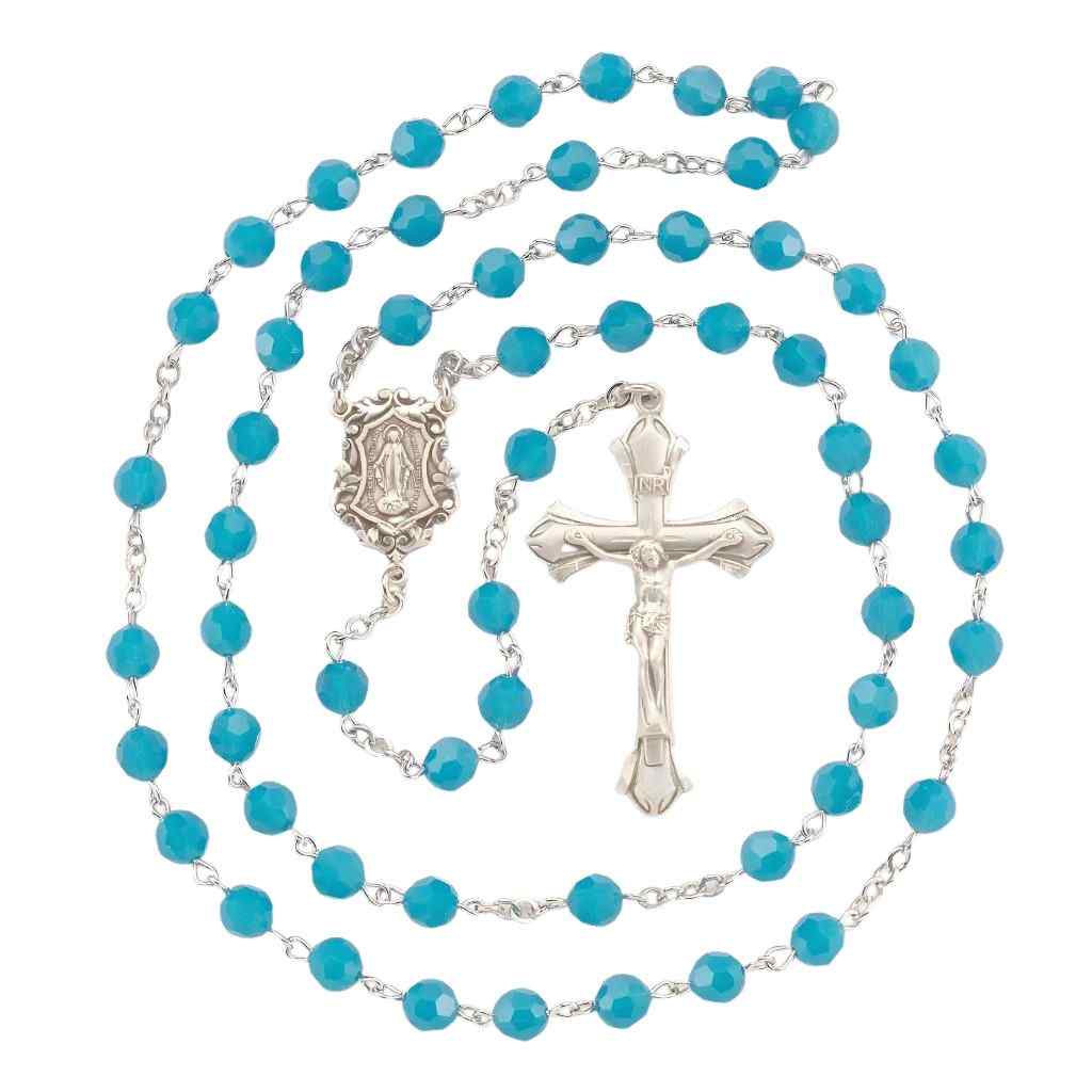Miraculous Sterling Silver Swarovski® Blue Opal 6mm Crystal Rosary. Sterling silver wire and chain (view 1)