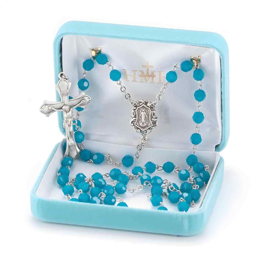 Miraculous Sterling Silver Swarovski® Blue Opal 6mm Crystal Rosary. Sterling silver wire and chain and come in gift box (view 2)