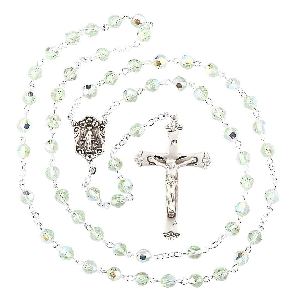 Miraculous Sterling Silver Swarovski® Chrysolite 6mm Crystal Rosary. Sterling silver wire and chain (view 2)