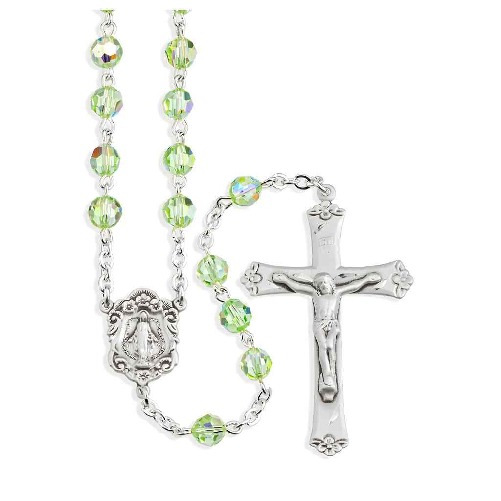 Miraculous Sterling Silver Swarovski® Chrysolite 6mm Crystal Rosary. Sterling silver wire and chain (view 1)