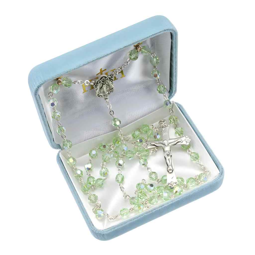 Miraculous Sterling Silver Swarovski® Chrysolite 6mm Crystal Rosary. Sterling silver wire and chain in gift box (view 3)