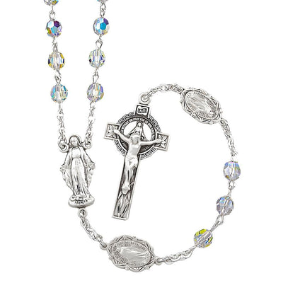 Sterling Silver Our Lady of Grace Rosary featuring 6mm Finest Aurora Borealis Austrian Crystal Faceted Round Beads and Sterling Miraculous Medal Our Father Beads, HMH Religious