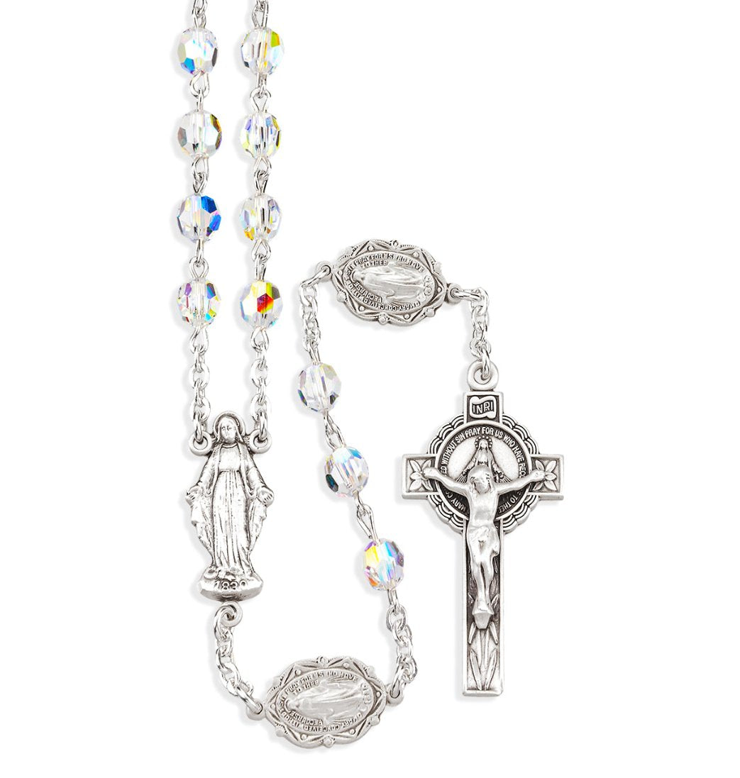 Our Lady of Grace 6mm Crystal Bead Sterling Silver Rosary