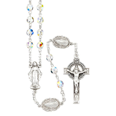 Sterling Silver Our Lady of Grace Rosary featuring 6mm Finest Aurora Borealis Austrian Crystal Faceted Round Beads and Sterling silver Miraculous Medal Our Father Beads, HMH Religious