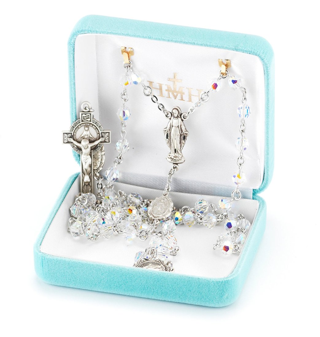 HMH Religious Our Lady of Grace Crystal Sterling Silver Rosary in Box,