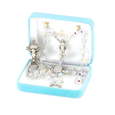 Sterling Silver Our Lady of Grace Rosary featuring 6mm Finest Aurora Borealis Austrian Crystal Faceted Round Beads and Sterling Miraculous Medal Our Father Beads in Gift Box, HMH Religious