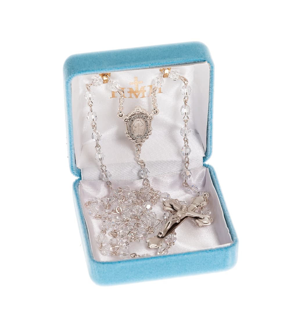 HMH Religious 6mm Clear Austrian Crystal Bead Full Rosary,Sterling Silver Crucifix and Center,Gift Box,