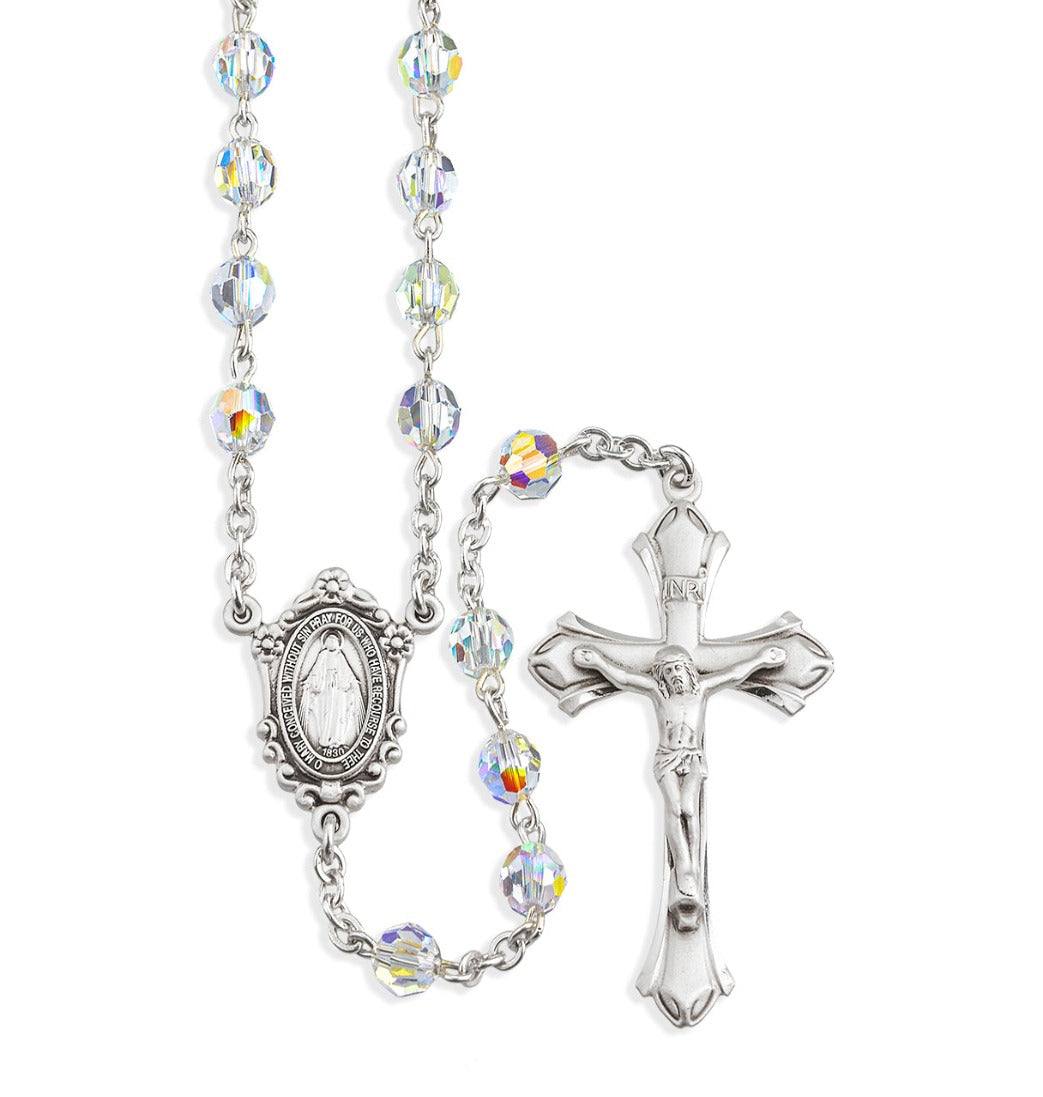 HMH 6mm Aurora Borealis Austrian Crystal Bead Sterling Silver Rosary