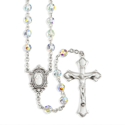 6mm Aurora Borealis Austrian Crystal Bead Sterling Silver Rosary, HMH Religious