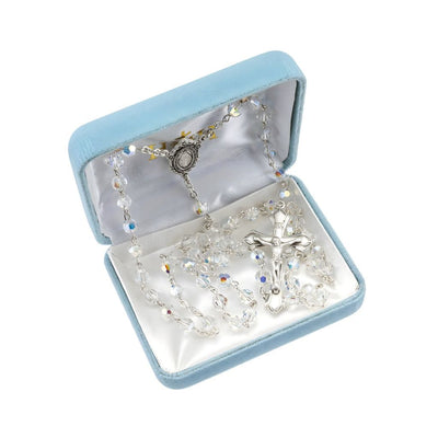 6mm Aurora Borealis Austrian Crystal Bead Sterling Silver Rosary in Box, HMH Religious