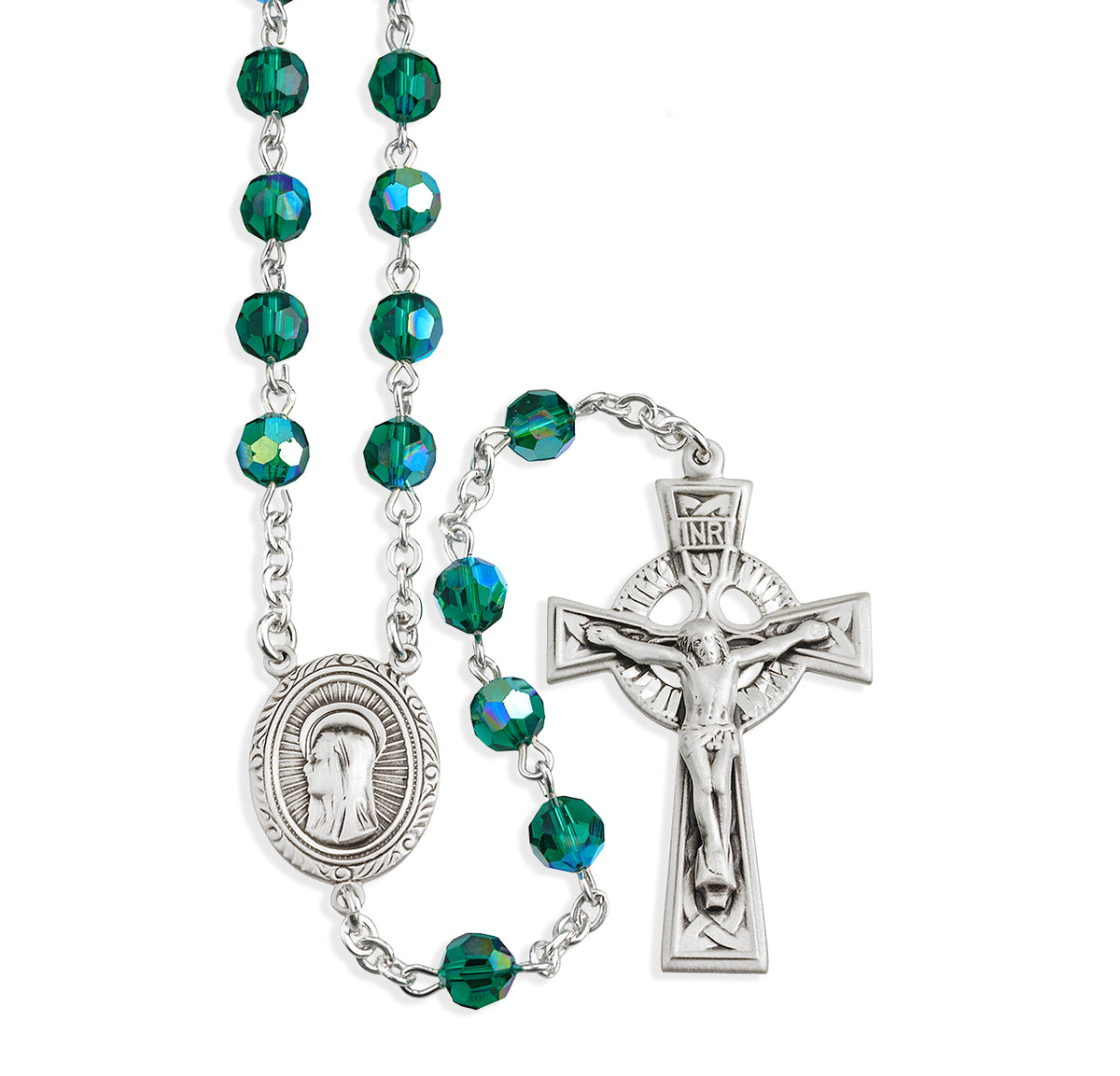 Our Lady of Sorrows 6mm Emerald Crystal Bead Sterling Silver Rosary