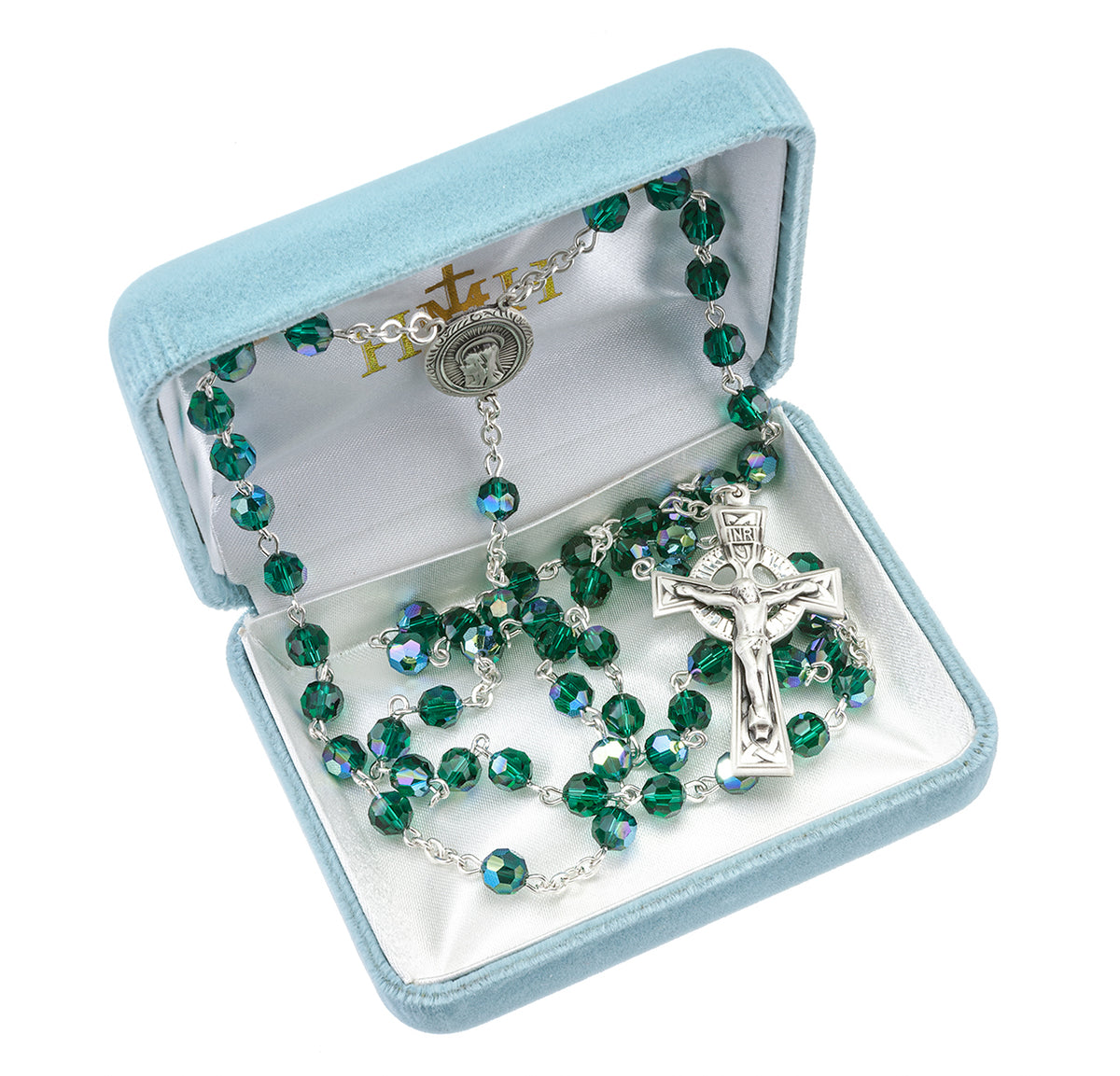 Our Lady of Sorrows 6mm Emerald Crystal Bead Sterling Silver Rosary in Box