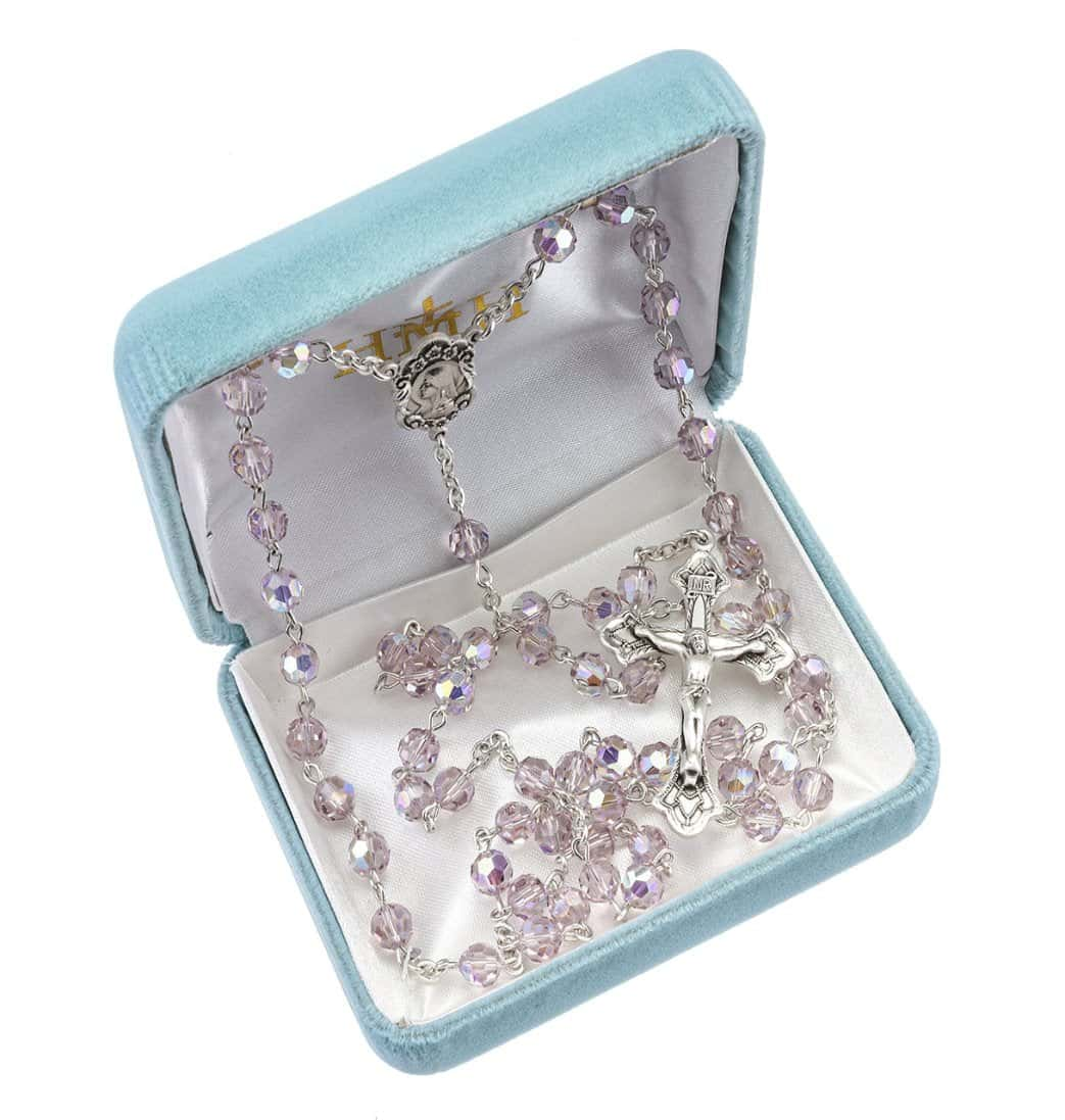 Madonna 6mm Light Amethyst Austrian Crystal Bead Sterling Silver Rosary in Box