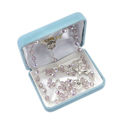 Madonna 6mm Light Amethyst Austrian Crystal Bead Sterling Silver Rosary in Box, HMH Religious