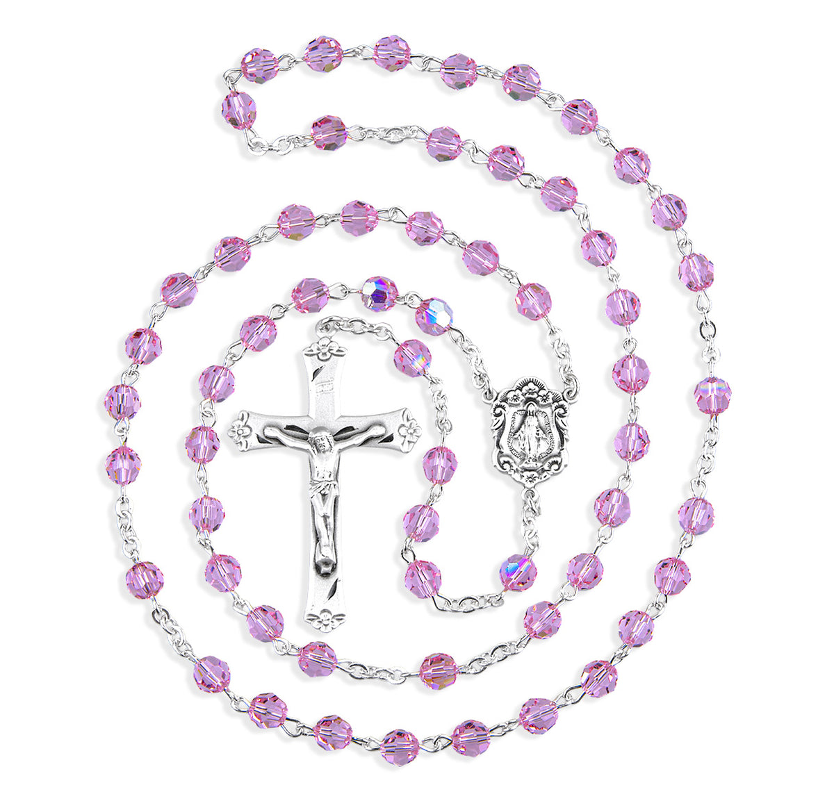 Sterling Silver Lt Rose 6mm Crystal Rosary