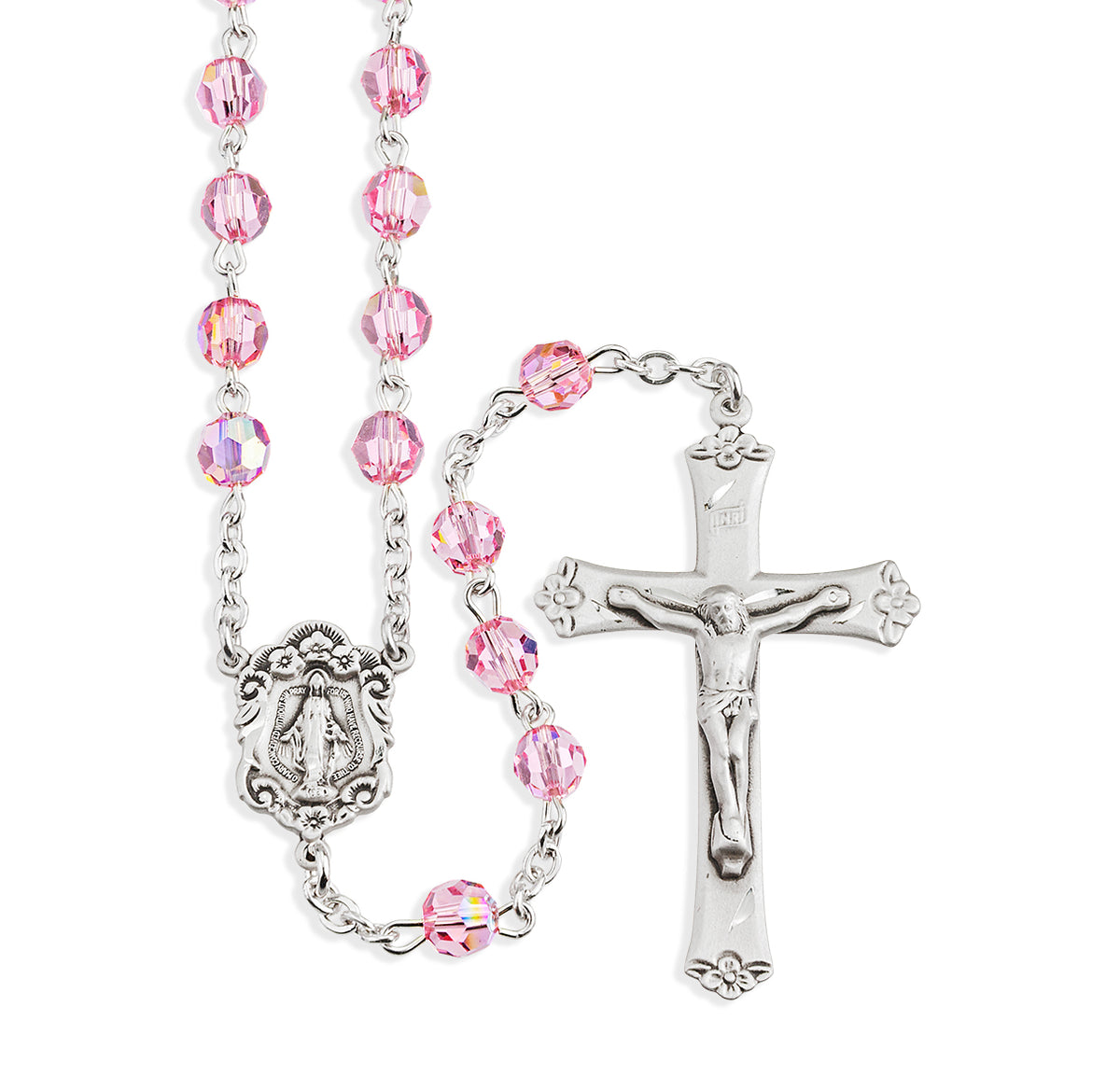 HMH Sterling Silver Lt Rose 6mm Crystal Rosary