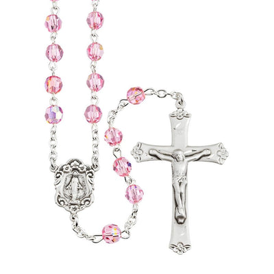 Sterling Silver Lt Rose 6mm Crystal Rosary, HMH Religious