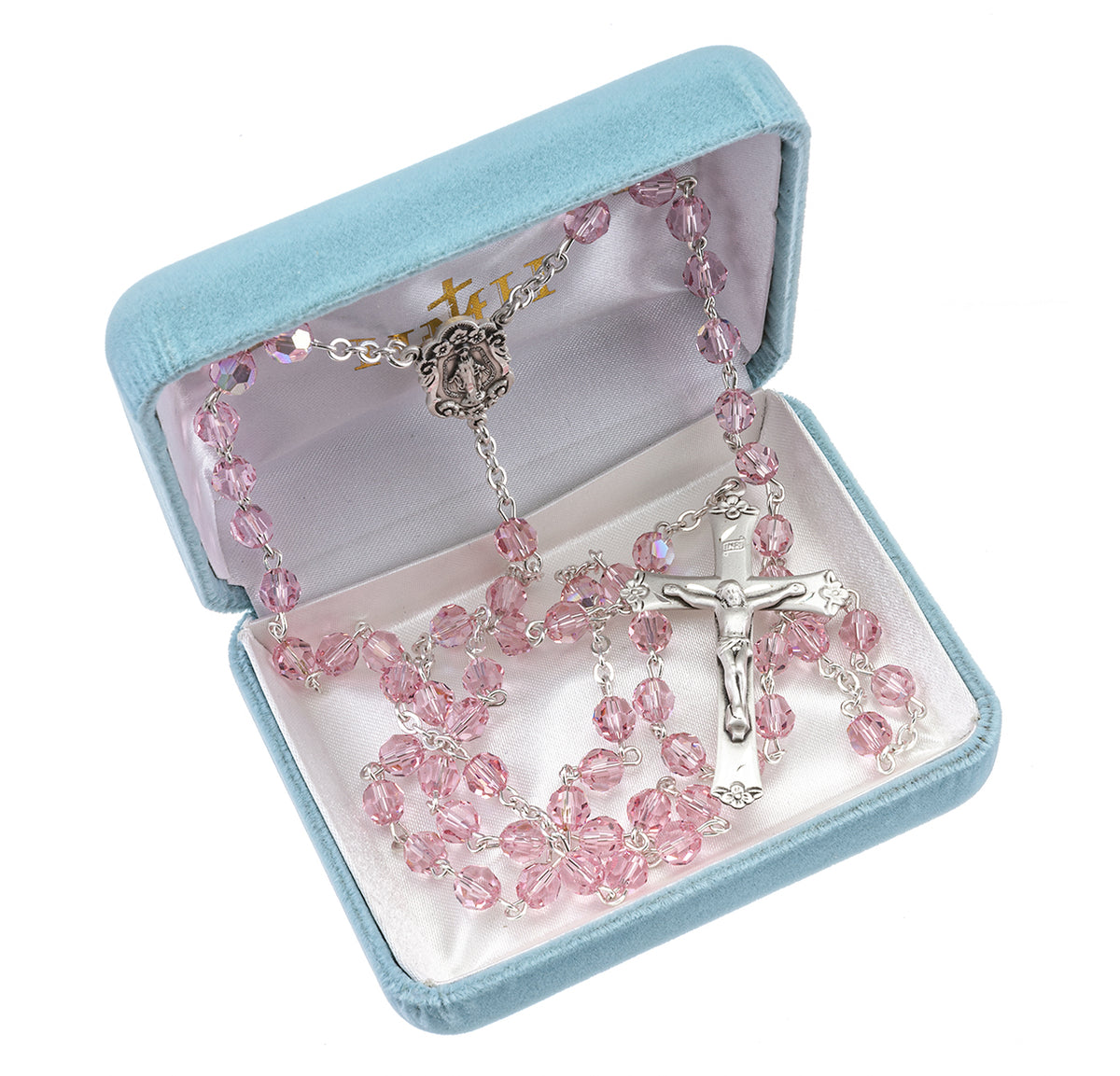 HMH Sterling Silver Lt Rose 6mm Crystal Rosary in Box