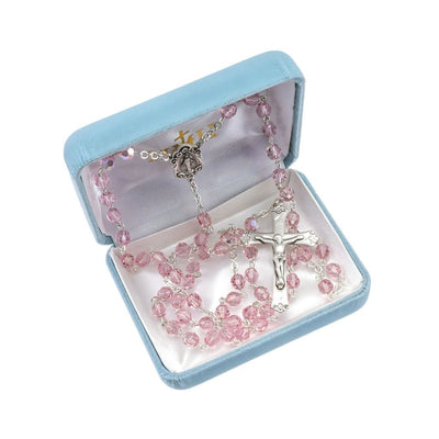 Sterling Silver Lt Rose 6mm Crystal Rosary in Gift Box, HMH Religious