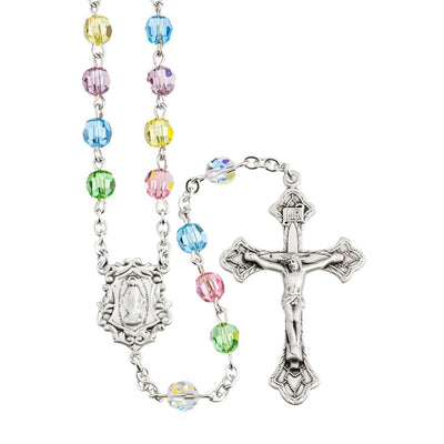 6mm Multi-Color Austrian Crystal Bead Sterling Silver Rosary, HMH Religious