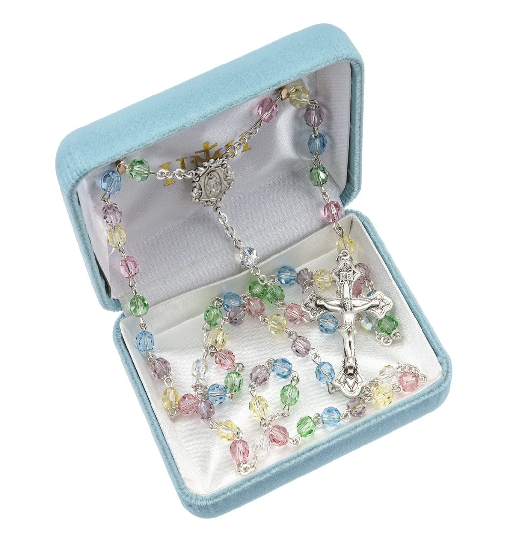 6mm Multi-Color Austrian Crystal Bead Sterling Silver Rosary in Box