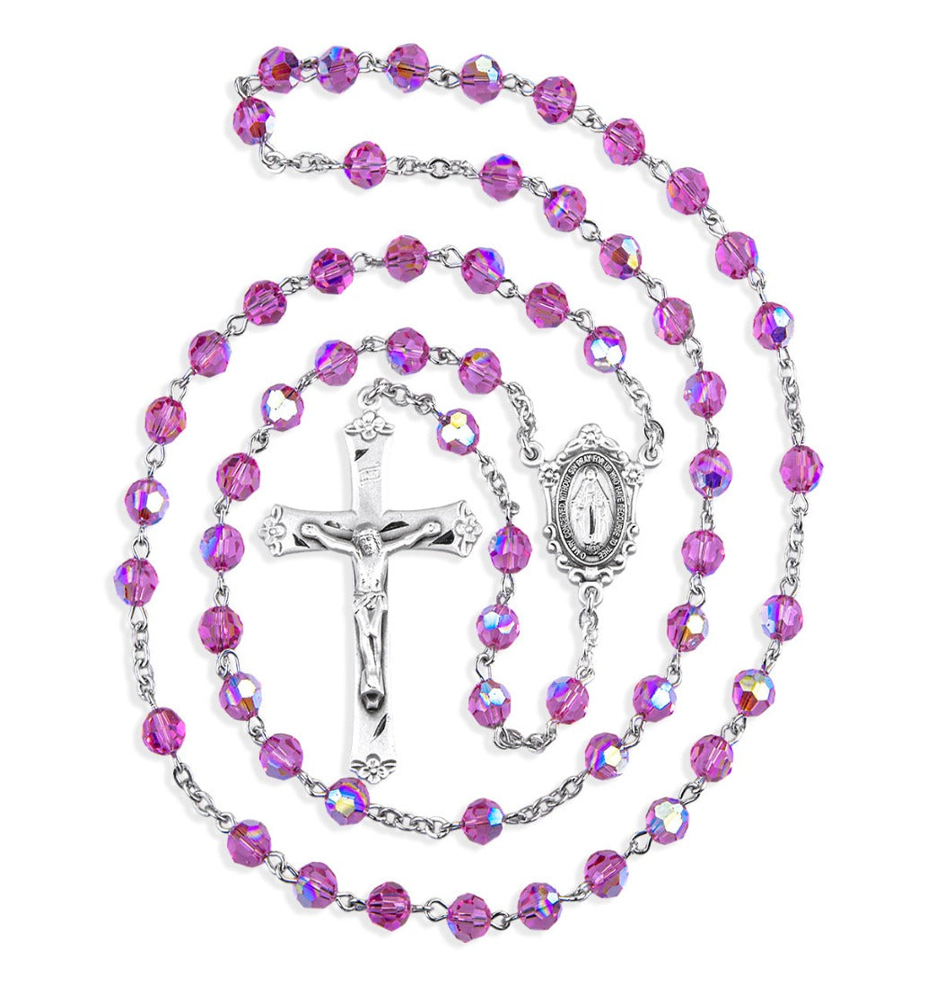 6mm Pink Austrian Crystal Bead Sterling Silver Rosary