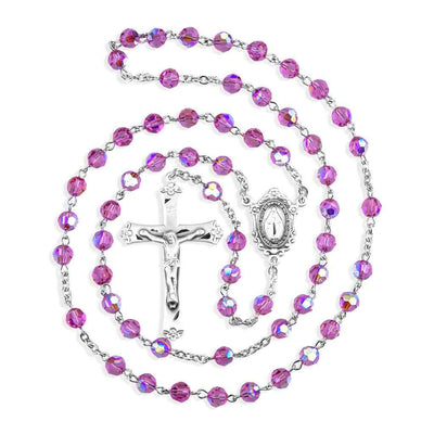 6mm Pink Austrian Crystal Round Bead Rosary with Sterling Silver Miraculous Center and Crucifix, HMH Religious (view 2)
