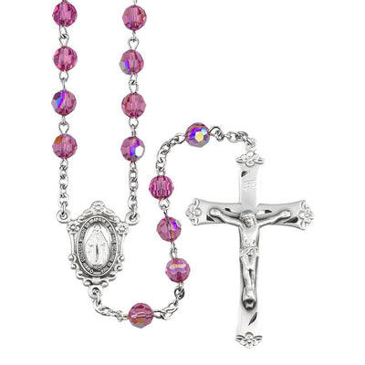 6mm Pink Austrian Crystal Round Bead Rosary with Sterling Silver Miraculous Center and Crucifix, HMH Religious (view 1)