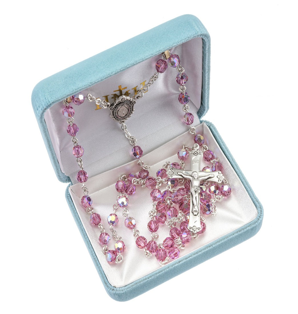 HMH 6mm Pink Austrian Crystal Bead Sterling Silver Rosary in Box