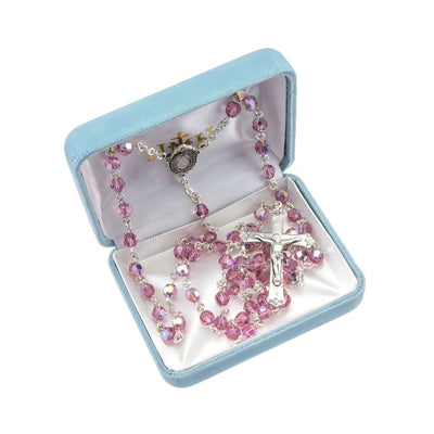 6mm Pink Austrian Crystal Round Bead Rosary with Sterling Silver Miraculous Center and Crucifix in gift box,  HMH Religious (view 1)